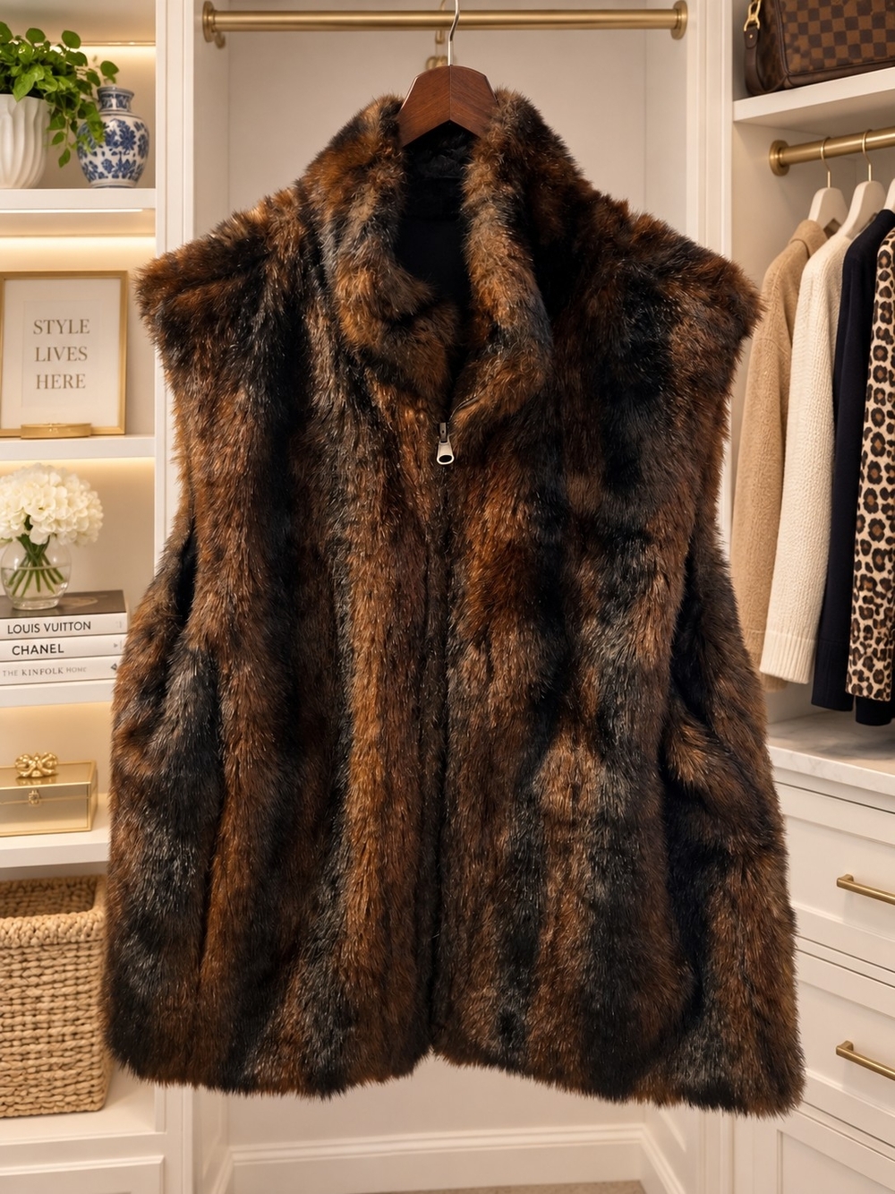 Women's Brown Faux Fur Vest Jacket Size L